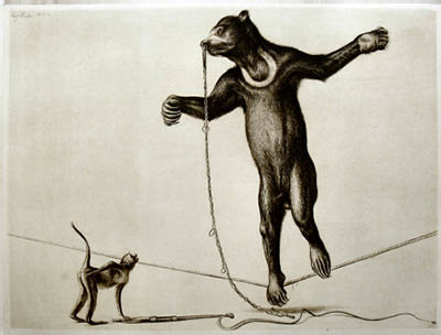 Richard M&uuml;ller (1874-1954),ein magerer Tanzb&auml;r wird von einem kleinen Hundsaffen
angestaunt,a small monkey, absolutely amazed by a thin dancing-bear
