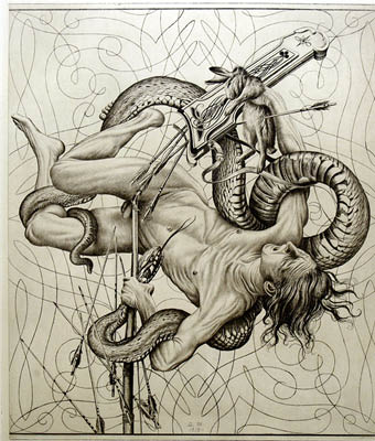 Richard M&uuml;ller (1874-1954),Starkes, surrealistisches Blatt voll symbolistischer und
zeitlicher Bez&uuml;ge,created after WW I. this etching in pure symbolism shows a defeated
aggressor 