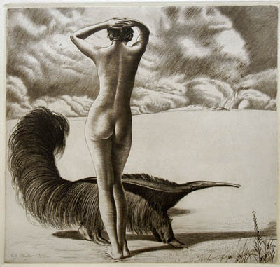 Richard M&uuml;ller (1874-1954),Versonnene Sch&ouml;nheit, in betrachtung der Wolen versonnen
und ein Ameisenb&auml;r,A cloud-watching pensive beauty and a bypassing anteater in a fine
composition