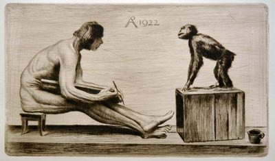 Richard M&uuml;ller (1874-1954),Malereleve, sein Modell studierend wird von jenem ebenfalls
studiert,young painter studying a monkey and observed with curiostiy by this model