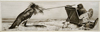 Richard M&uuml;ller (1874-1954),Ein Affe versucht mit einem Malstock einen sch&auml;frigen
Marabu aufzumuntern,Monkey-painter,trying to cheer up a sleepy marabou-model with a
painters-stick