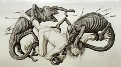 Richard M&uuml;ller (1874-1954),1918 geschaffen: der zum Opfer werdende Agressor ein Blatt mit
viel Symbolik,Strong symbolism: The attacker as a victim, made in the last year of WW I